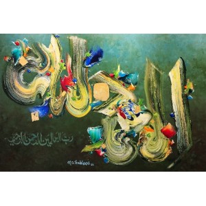 M. A. Bukhari, 48 x 72 Inch, Oil on Canvas, Calligraphy Painting, AC-MAB-247